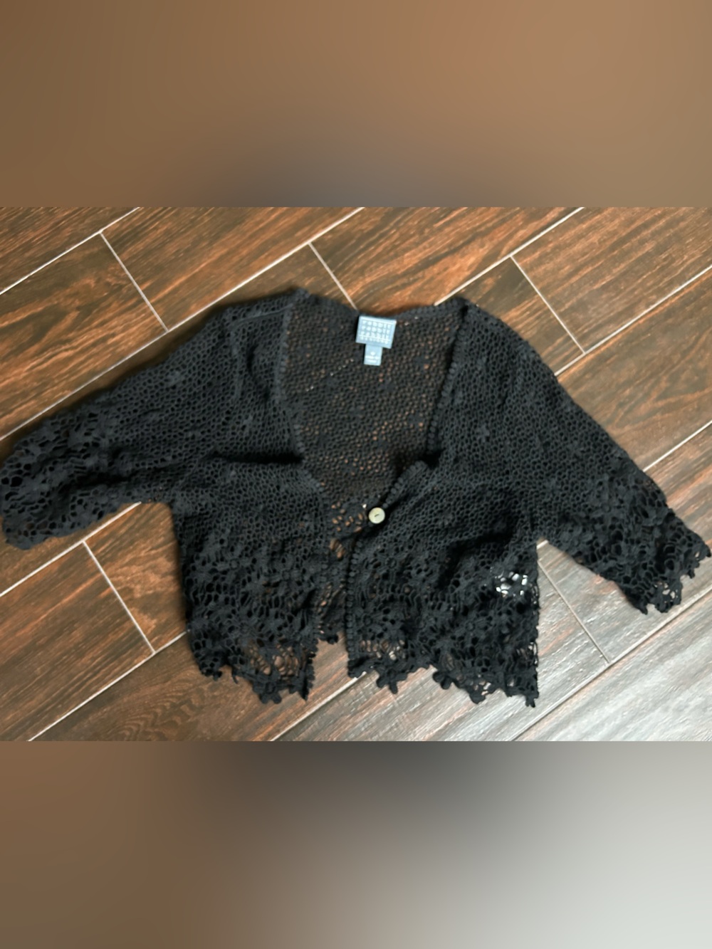 Rabbit Rabbit Rabbit Black Crochet Openwork Shrug with Button